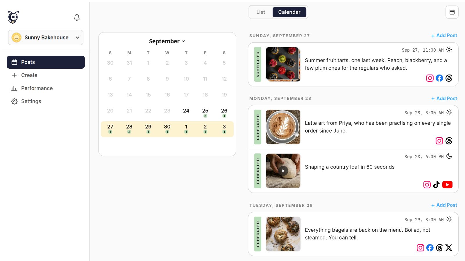 One client's posts in Unbusied: the week's scheduled posts, each with the platforms it goes to.